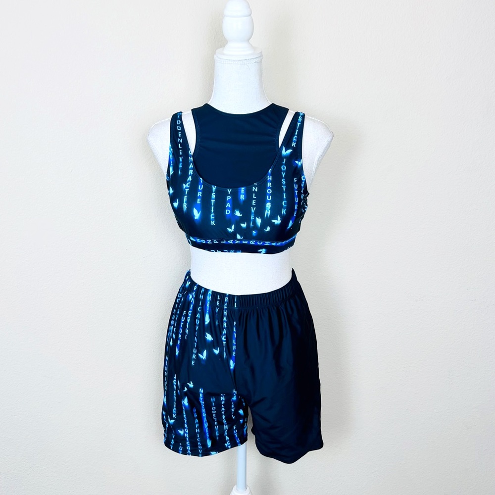 Blue Black Colorblock Matrix Futuristic Asymmetrical Crop Top & Biker Shorts Set